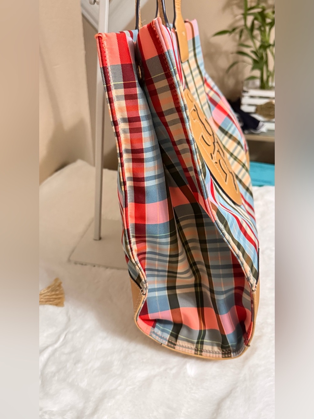 Tory Burch Multicolor Plaid Tote with Tan Leather Trim - Picture 5 of 13